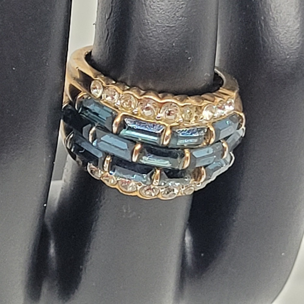 Statement Ring SZ‎ 6 Gold Blue Clear Austrian Crystal Rows Cocktail Jewelry